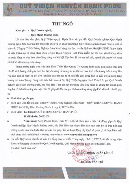 Thư ngỏ kêu gọi quyên góp cho đồng bào Miền Trung